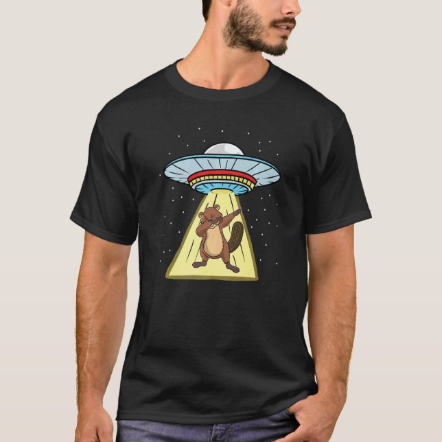 Ufo Abduction Dabbing Beaver Forest Animal T-Shirt (Front)