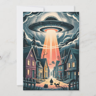 UFO Abduction Night Street Illustration Holiday Card