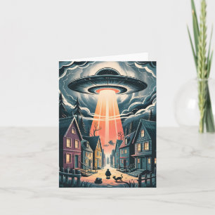 UFO Abduction Night Street Illustration Holiday Card
