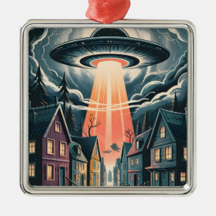 UFO Abduction Night Street Illustration Metal Tree Decoration