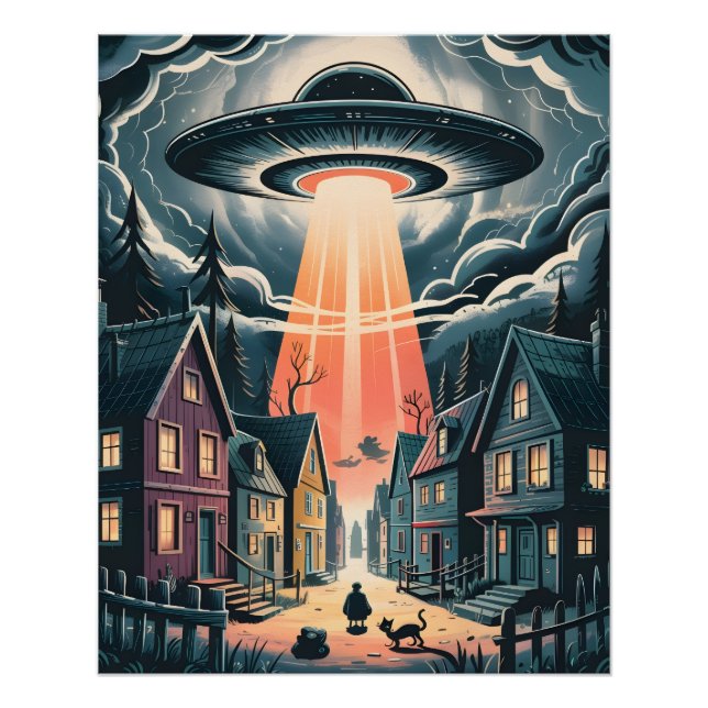 UFO Abduction Night Street Illustration Poster (Front)