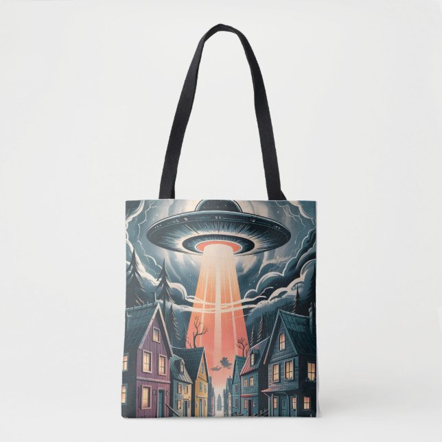 UFO Abduction Night Street Illustration Tote Bag (Front)