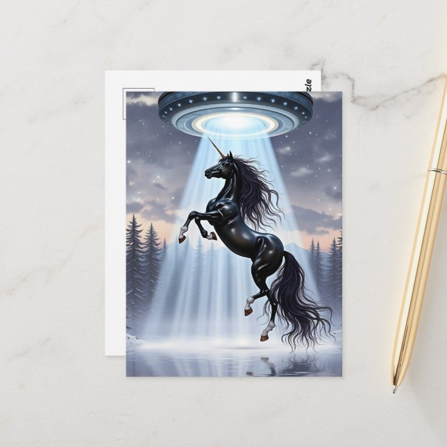 UFO Abduction of a Gorgeous Black Unicorn Postcard (Front/Back In Situ)