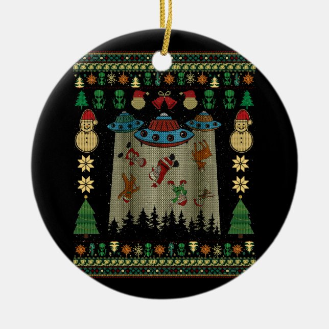 Ufo Alien Abduction Santa Gingerbread Ugly Christm Ceramic Tree Decoration (Front)