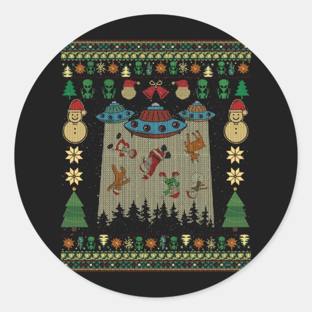 Ufo Alien Abduction Santa Gingerbread Ugly Christm Classic Round Sticker (Front)