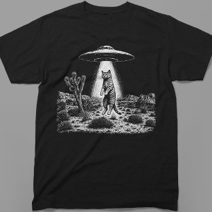 UFO Alien Cat Abduction Retro Woodcut T-Shirt
