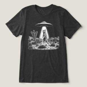 UFO Alien Cat Abduction Retro Woodcut Tri-Blend Shirt