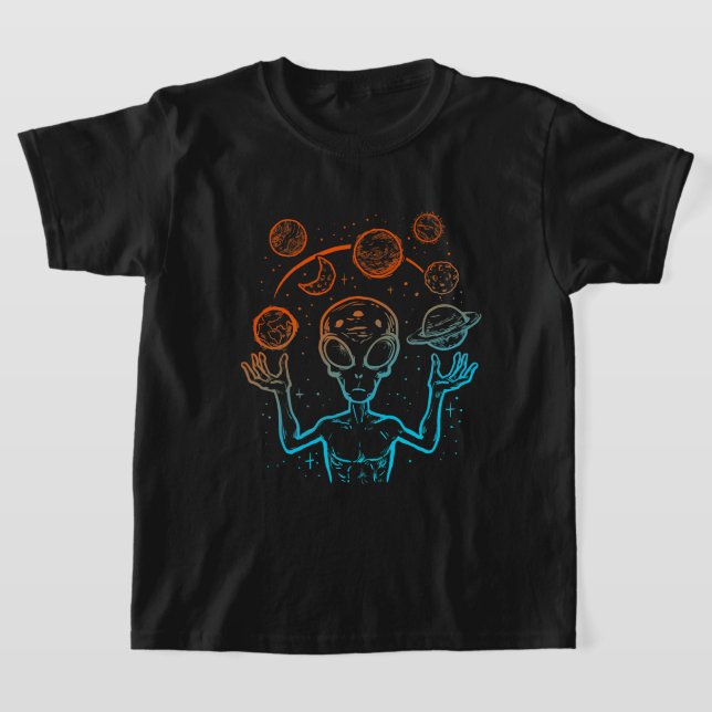 UFO Alien Juggling Planets Space T-Shirt (Laydown)