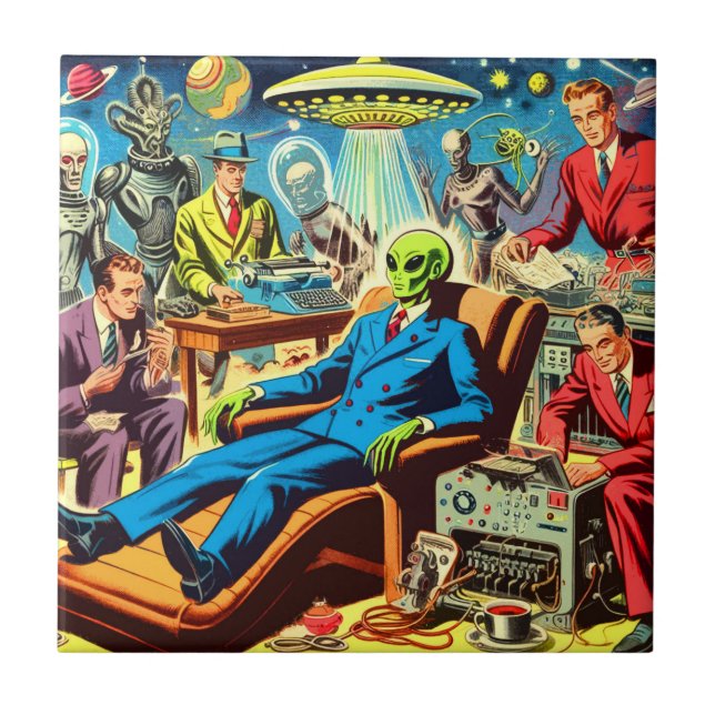 Ufo Alien Sci-fi Retro Comics Tile (Front)