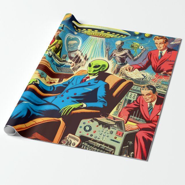 Ufo Alien Sci-fi Retro Comics Wrapping Paper (Unrolled)