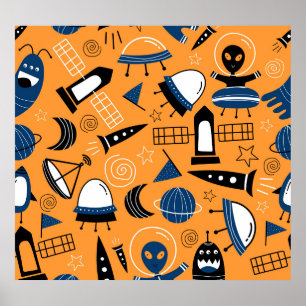 UFO alien, spaceships, kids pattern Poster