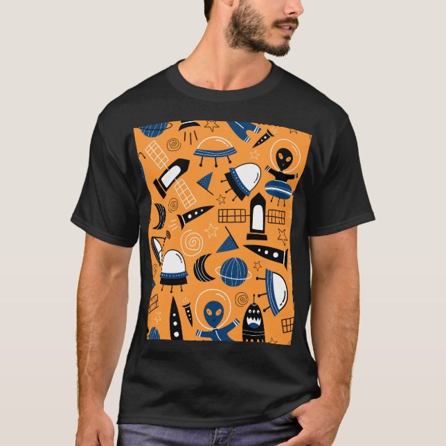 UFO alien, spaceships, kids pattern T-Shirt (Front)
