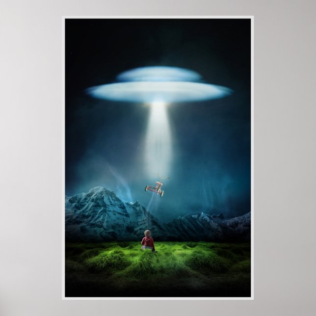 ufo and child in field at night poster (Front)