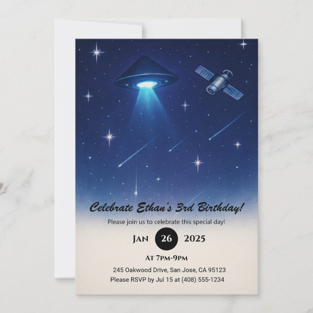UFO Beam & Satellite Starry Night Birthday  Invitation (Front)