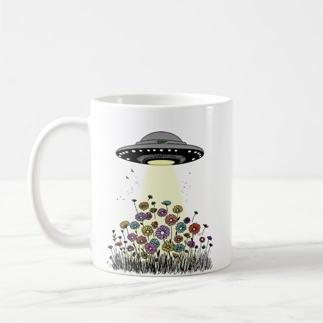 UFO Beaming Up Flowers Coffee Mug (Left)