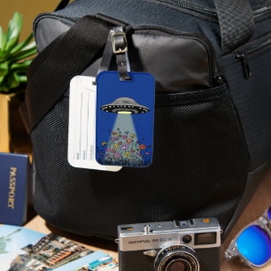 UFO Beaming Up Flowers Luggage Tag