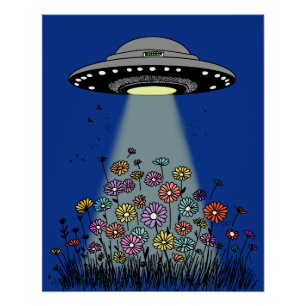 UFO Beaming Up Flowers Poster