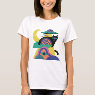 UFO Black Cat Moon Art T-Shirt