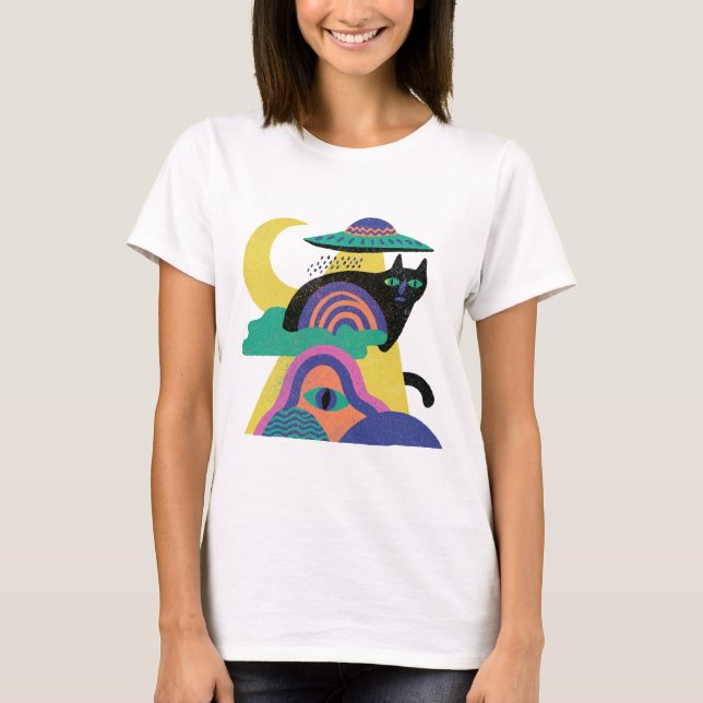 UFO Black Cat Moon Art T-Shirt (Front)