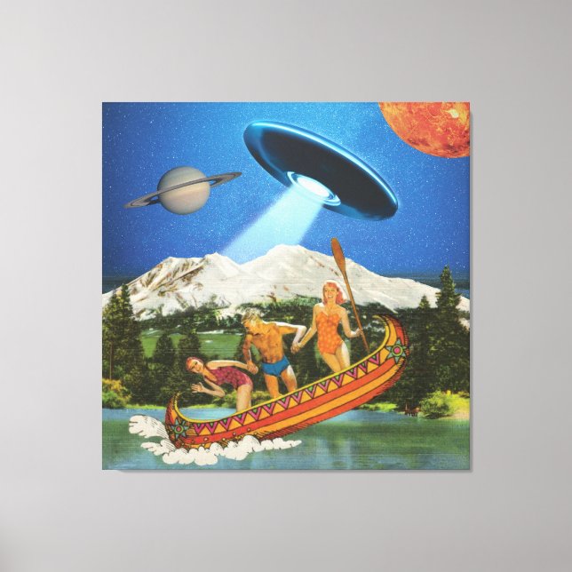 UFO Canoe Trip Mountains Surreal Collage Canvas Print (Front)