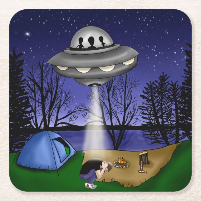 UFO Extraterrestrial Abduction Alien Square Paper Coaster (Front)