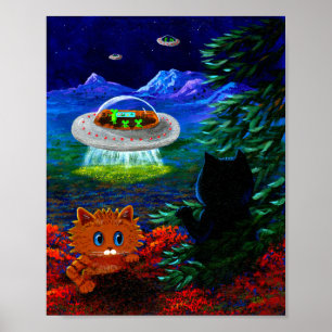 UFO Flying Saucer Funny Black Cat Orange Tabby Poster