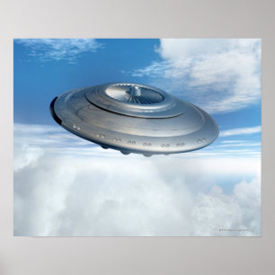 UFO flying through cloudy skies. Poster