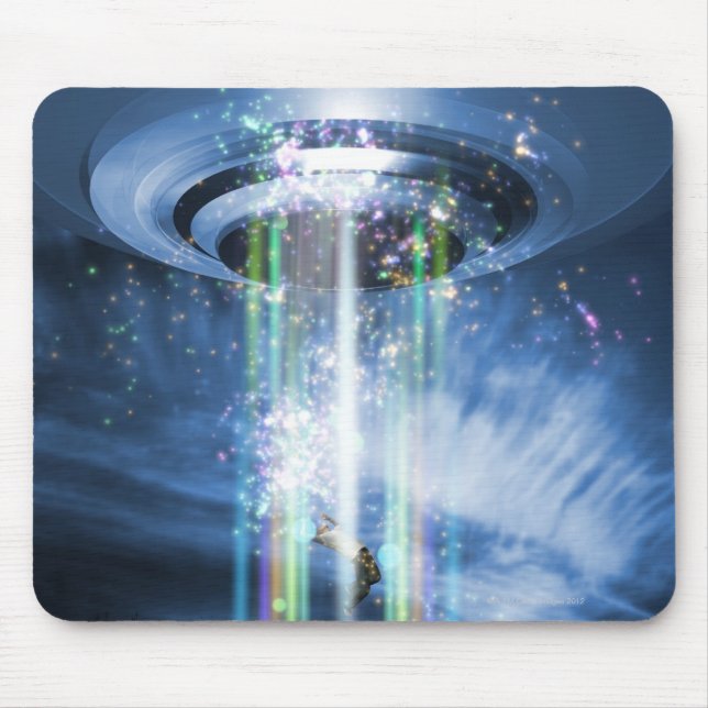 UFO hovering above Earth while abducting humans. Mouse Pad (Front)