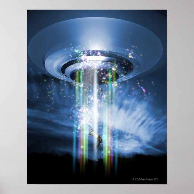 UFO hovering above Earth while abducting humans. Poster (Front)
