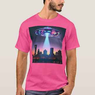 Ufo Hovering Over City Skyline At Night T-Shirt