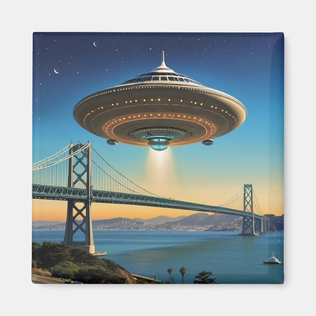 UFO Hovering Over San Francisco Bay Bridge 2035 Magnet (Front)