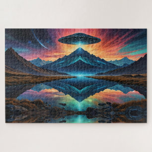 UFO hovers over Colourful Mountains and Lake Jigsaw Puzzle