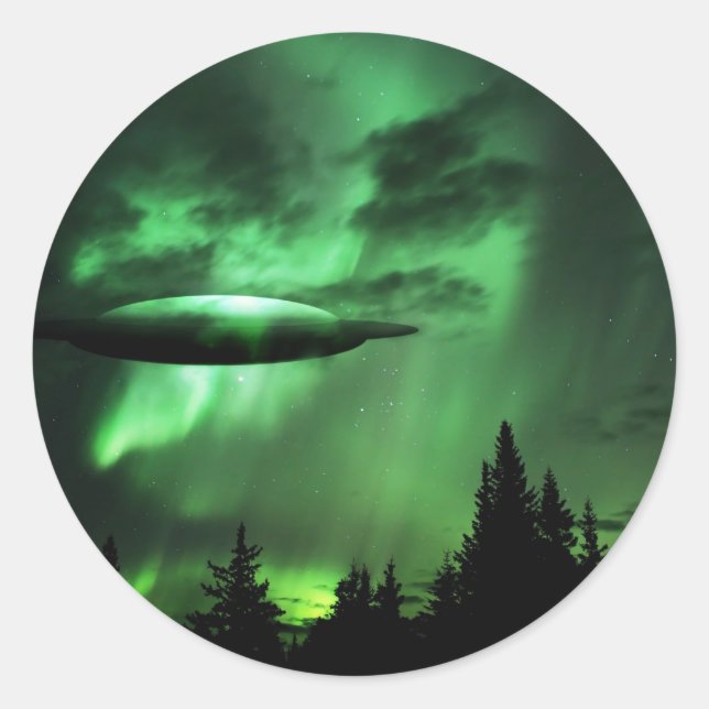 UFO in green clouds Classic Round Sticker (Front)