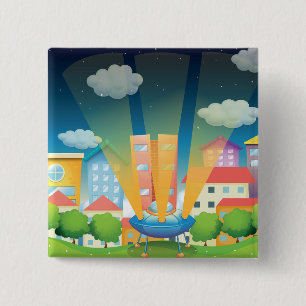 UFO Landing in a Bright City Night Scene 15 Cm Square Badge