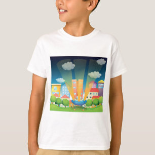 UFO Landing in a Bright City Night Scene T-Shirt