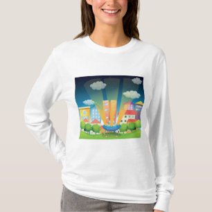 UFO Landing in a Bright City Night Scene T-Shirt