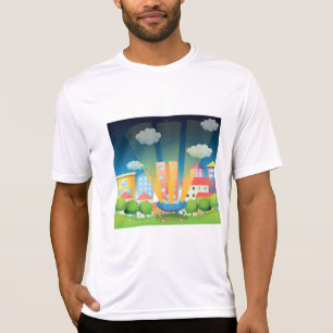 UFO Landing in a Bright City Night Scene T-Shirt