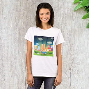 UFO Landing in a Bright City Night Scene T-Shirt