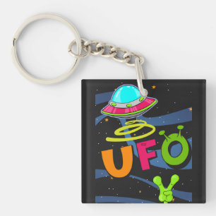 ufo on space say hello key ring