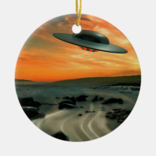 UFO Over Coast Ceramic Tree Decoration