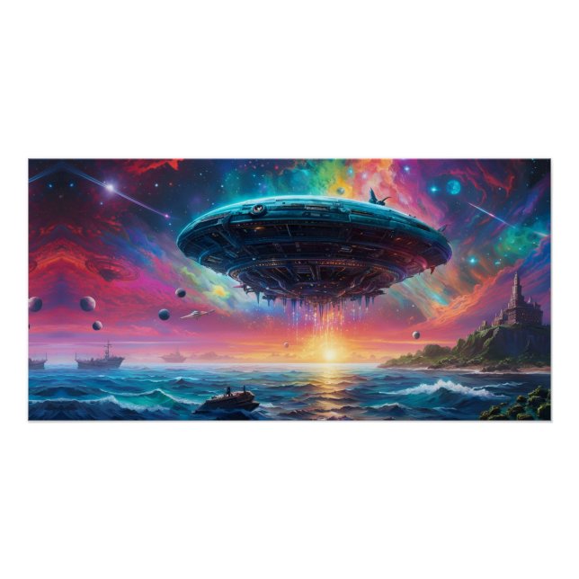 UFO over ocean, Fantasy, planets  Poster (Front)