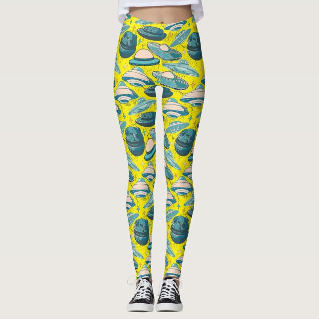 UFO Pattern Retro Style. B Yellow BG Leggings (Front)