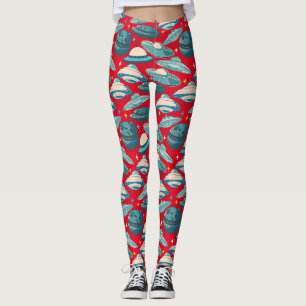 UFO Pattern Retro Style. Red BG Leggings