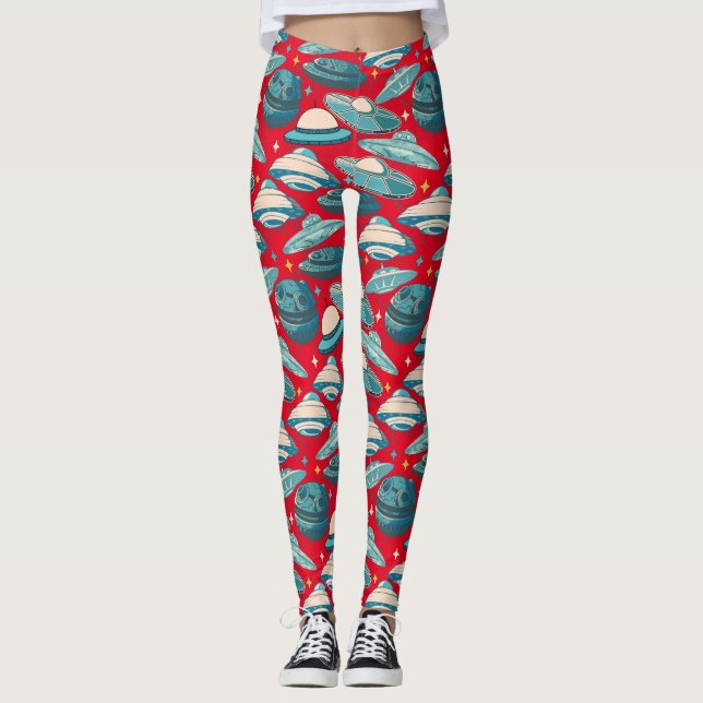 UFO Pattern Retro Style. Red BG Leggings (Front)