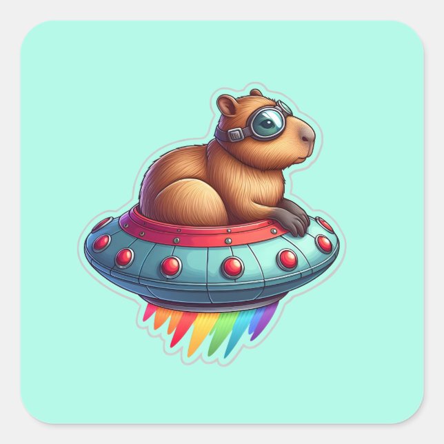 UFO Rainbow Capybara Square Sticker (Front)