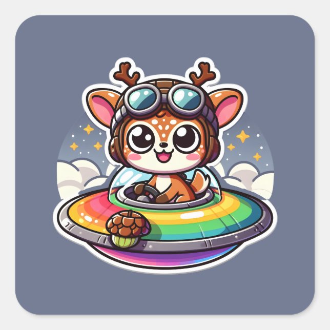 UFO Rainbow Deer Square Sticker (Front)