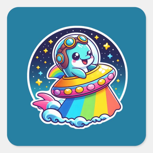 UFO Rainbow Dolphin Square Sticker (Front)