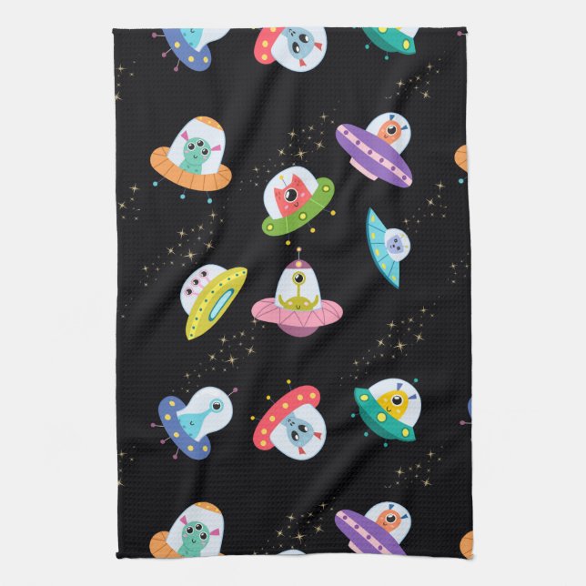 UFO SHIPS PATTERN TEA TOWEL (Vertical)
