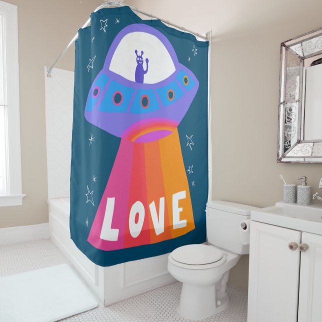 UFO Space Alien Spreads LOVE Spaceship Shower Curtain (In Situ)