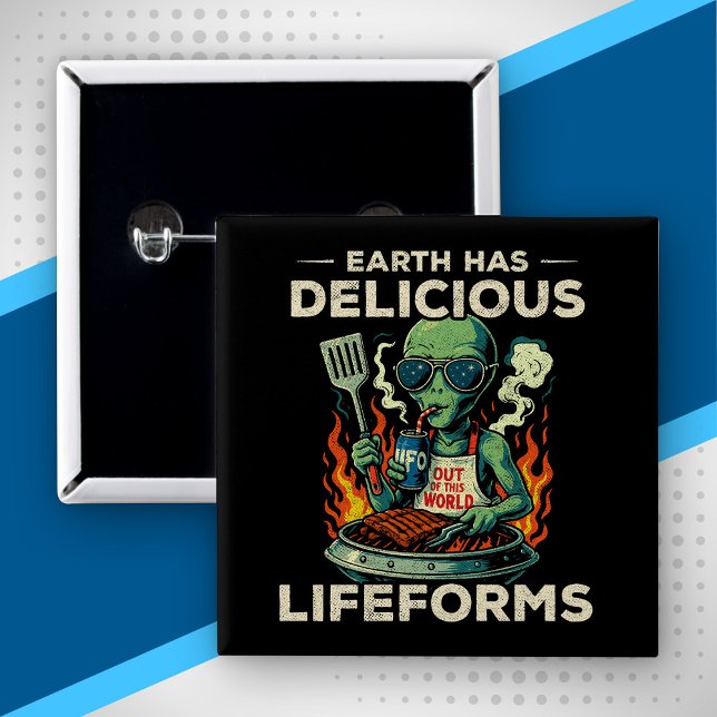 UFO Space BBQ Grill Earth Lifeforms Funny Alien 15 Cm Square Badge (Creator Uploaded)